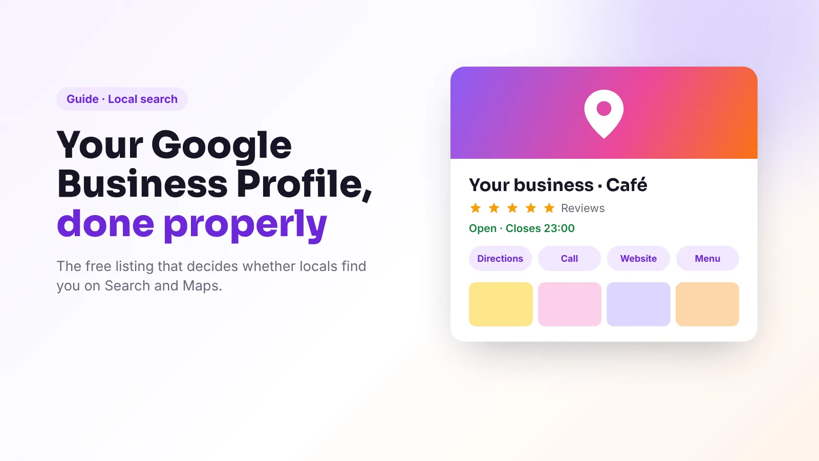 A Google Business Profile card with opening hours, buttons and photos