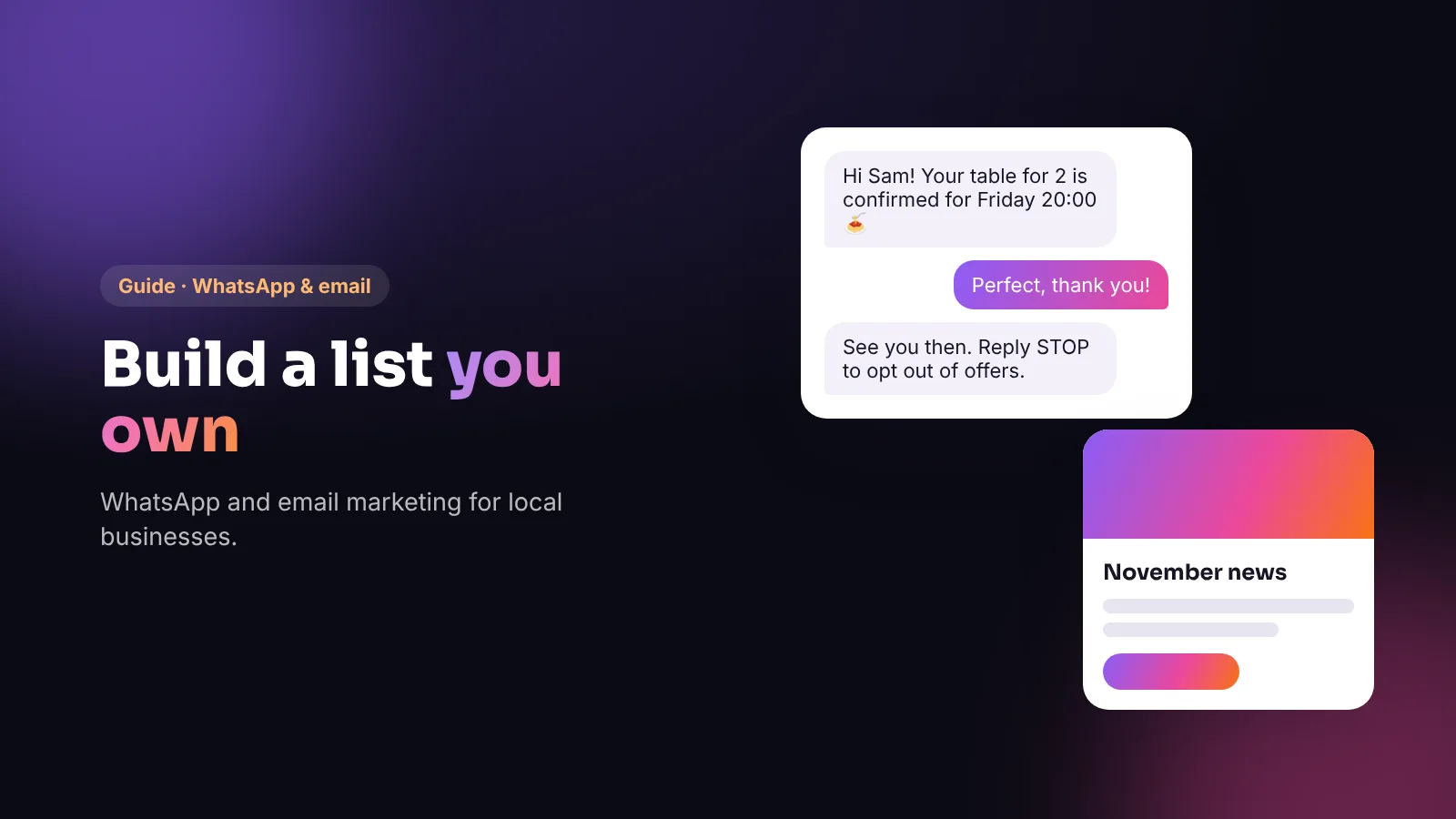 A WhatsApp-style chat and an email newsletter side by side